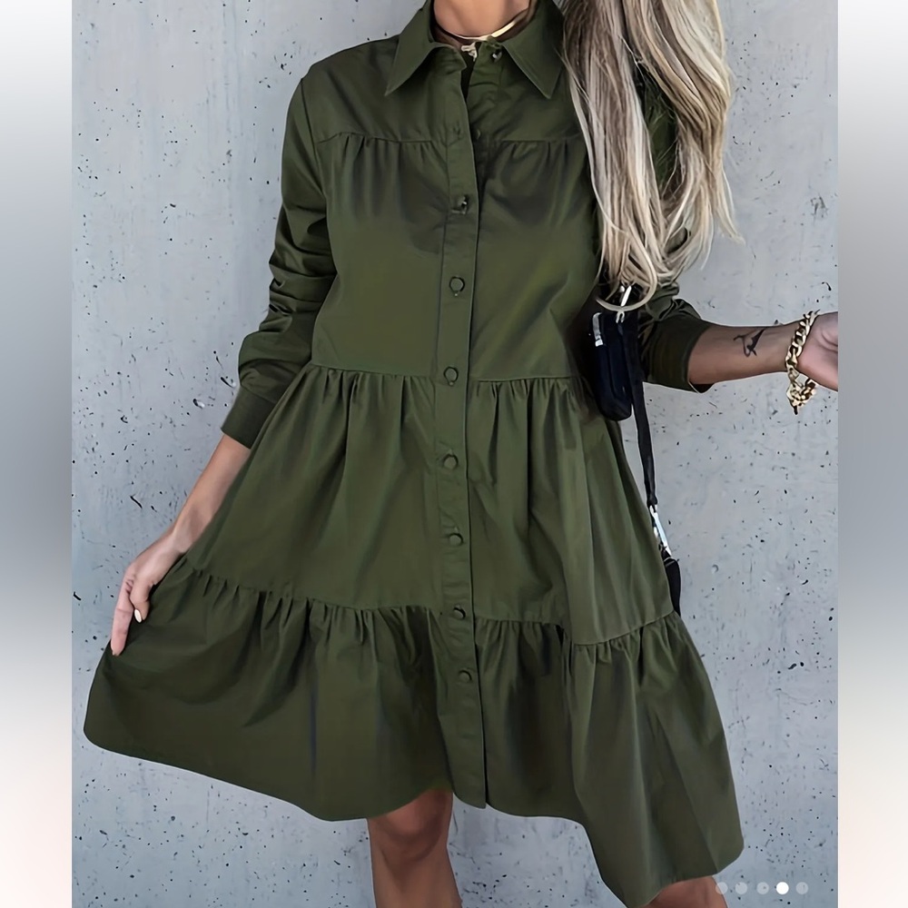 Button Front Olive Ruched Dress
